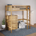 Natural wood loft bed with ladder and built-in drawers, blue bedding and rug, floor lamp and storage basket in modern kids' bedroom