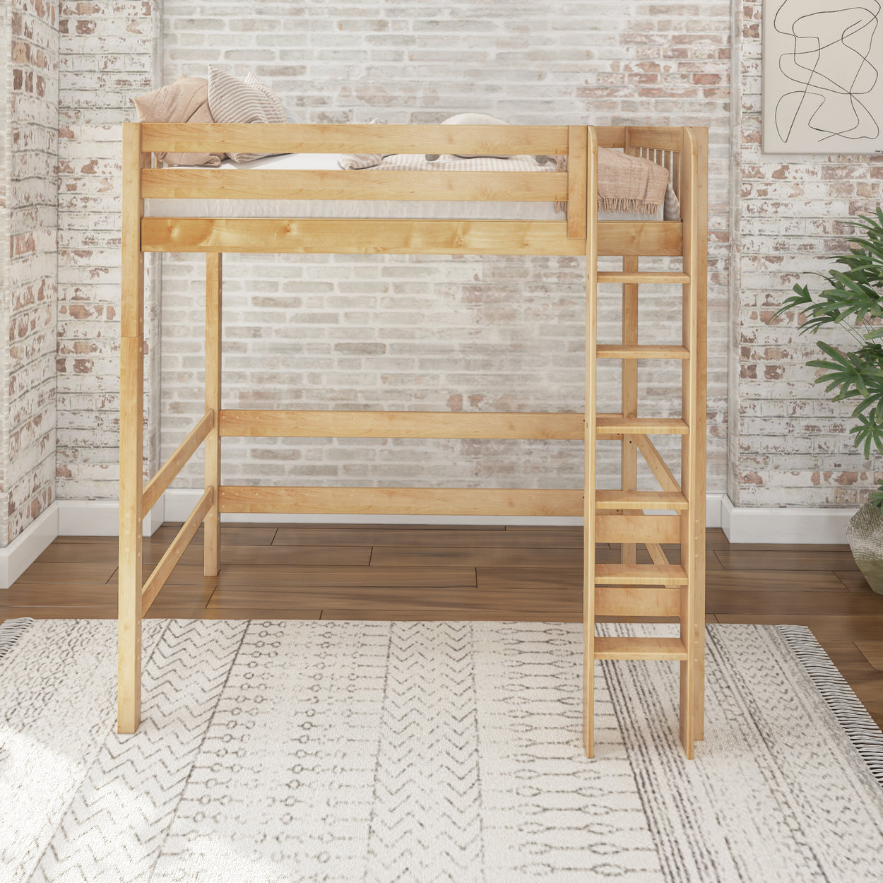 Wooden loft bed with ladder in modern bedroom featuring exposed brick walls and patterned rug.