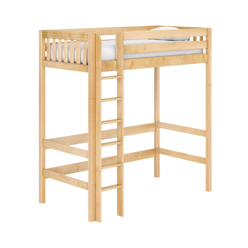 Space-saving natural maple twin loft bed frame with ladder and safety guardrails, high sleeper wooden bed for kids with white mattress