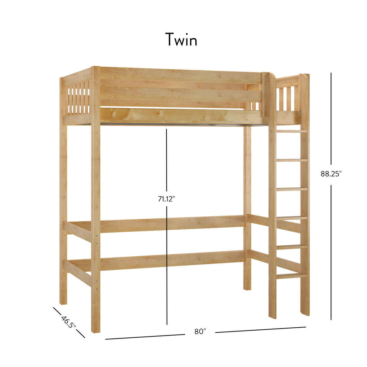 Wooden twin loft bed with ladder and dimensions for small spaces