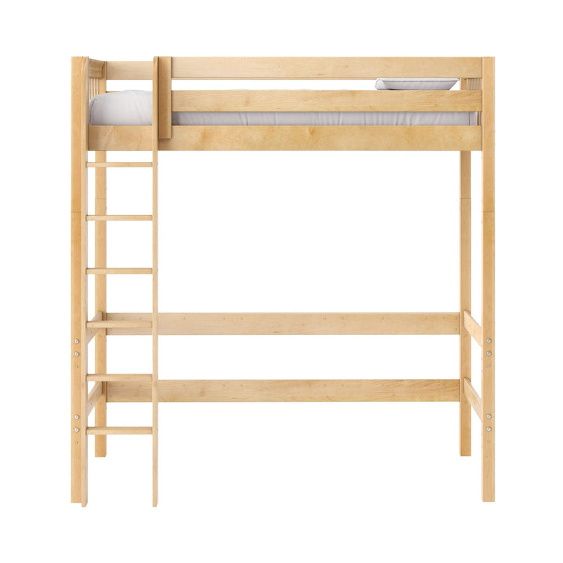 Natural finish wooden loft bed with built-in ladder and white mattress, modern space-saving kids' loft bed
