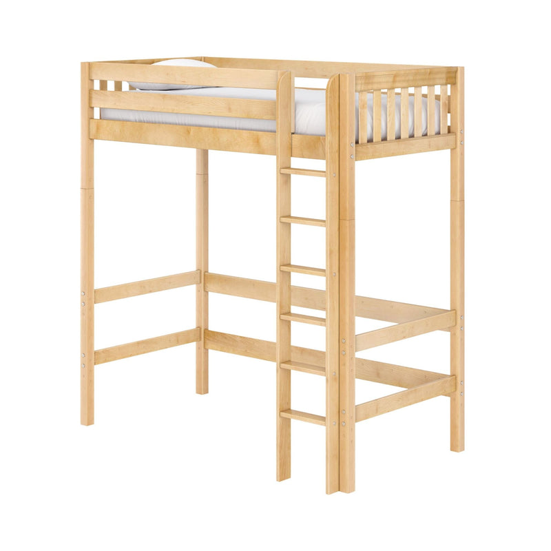 Solid natural wood loft bed frame with integrated ladder and safety rails, twin high-sleeper for kids in maple finish