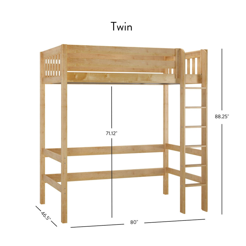 Twin loft bed in natural wood finish with built-in ladder and safety rail, solid hardwood space-saving bunk frame for kids, 80" L x 46.5" W x 88.25" H