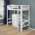 White wooden loft bunk bed with built-in storage drawers and ladder in a modern kids' bedroom with navy curtains, teal accent wall, striped rug and potted plant, space-saving bunk bed solution