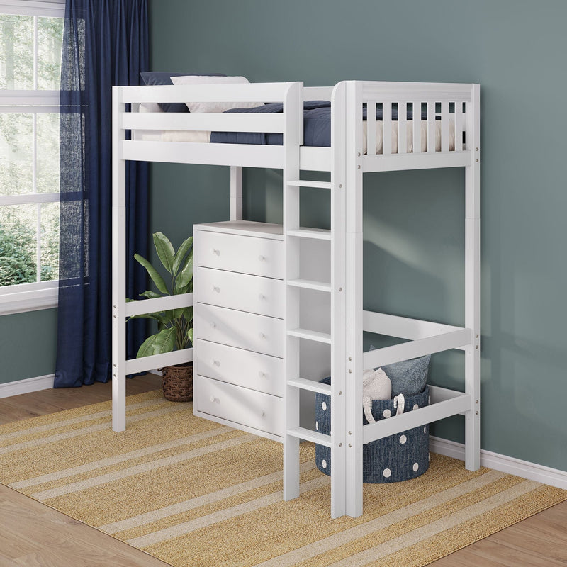 White wooden loft bunk bed with built-in storage drawers and ladder in a modern kids' bedroom with navy curtains, teal accent wall, striped rug and potted plant, space-saving bunk bed solution