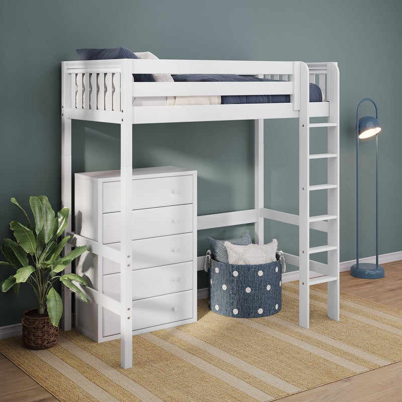 White loft bed with built-in drawers and ladder in modern kids' bedroom, navy bedding, polka-dot storage basket and floor lamp