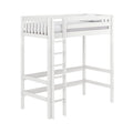 White wooden loft bed with ladder and safety guardrails, elevated twin-size bunk-style bed frame in modern white finish for kids' rooms