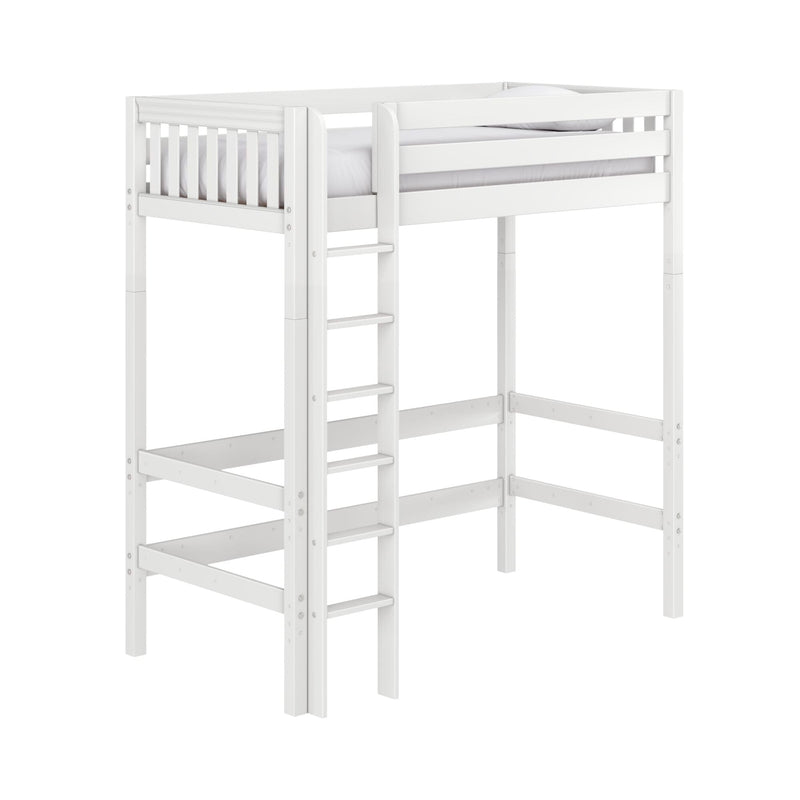White wooden loft bed with ladder and safety guardrails, elevated twin-size bunk-style bed frame in modern white finish for kids' rooms