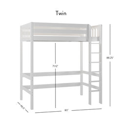 Twin size white loft bed with ladder, dimensions: 71.12 inches height, 80 inches length, 46.5 inches width, 88.25 inches total height.