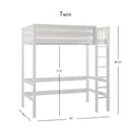 White twin loft bed with built-in ladder and safety rails, wooden twin bunk loft platform bed, dimensions 80 in L × 46.5 in D × 88.25 in H