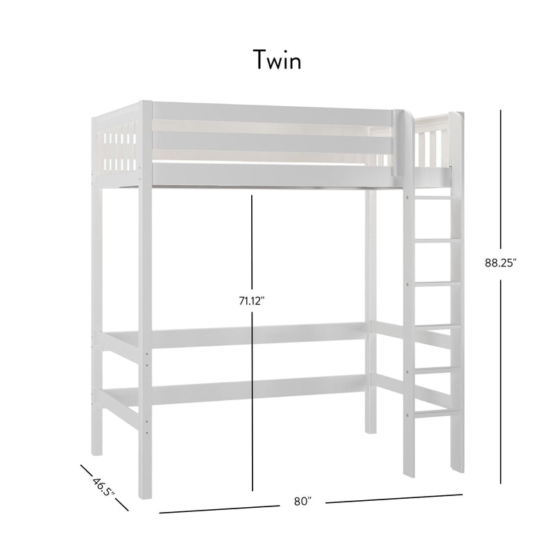 White twin loft bed with built-in ladder and safety rails, wooden twin bunk loft platform bed, dimensions 80 in L × 46.5 in D × 88.25 in H