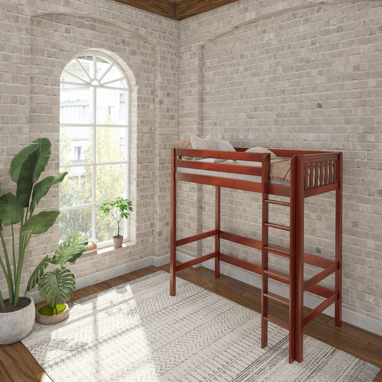 Modern loft bed in a bright room with brick walls and large window, featuring indoor plants and a patterned rug.