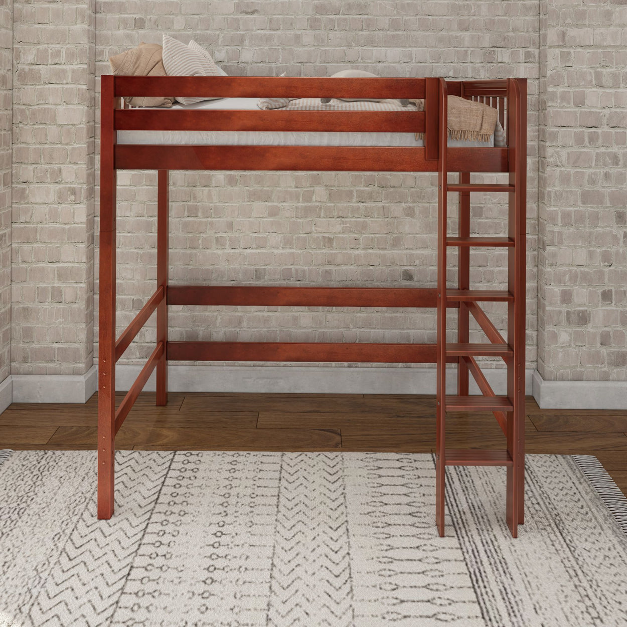 Wooden loft bed with built-in ladder against a brick wall, perfect for maximizing space in small bedrooms.