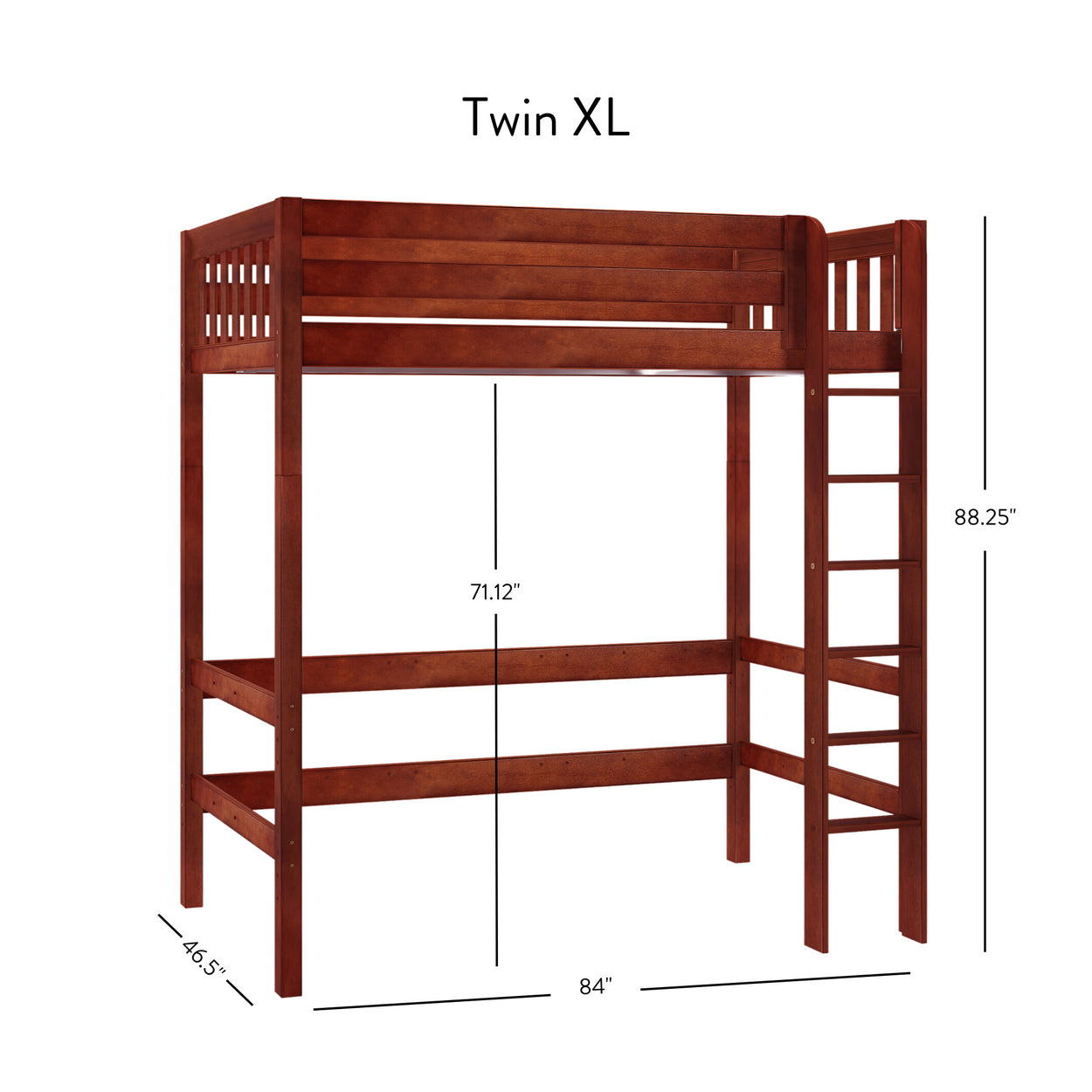 Wooden Twin XL Loft Bed with Ladder and Dimensions in Inches for Small Spaces or College Dorms
