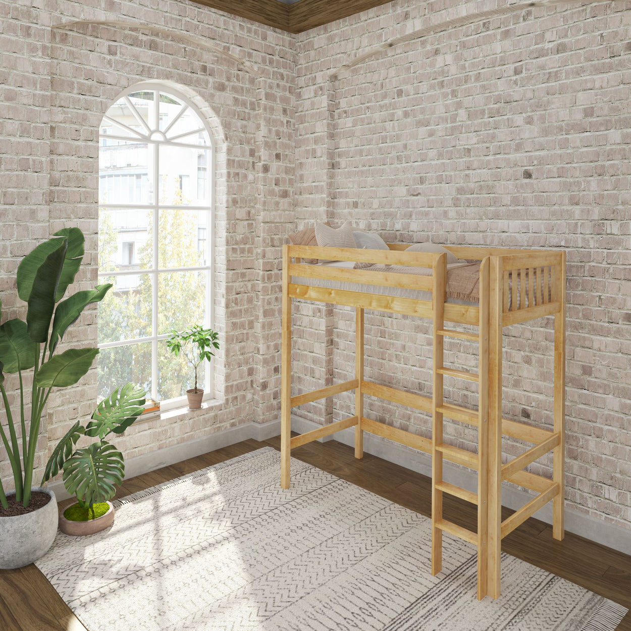 Loft bed in a cozy room with exposed brick walls and large window; includes green potted plants and a geometric-patterned rug.