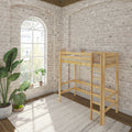 Modern loft bedroom with wooden loft bed, whitewashed exposed brick accent wall, arched window, indoor potted plants and neutral rug bathed in natural light