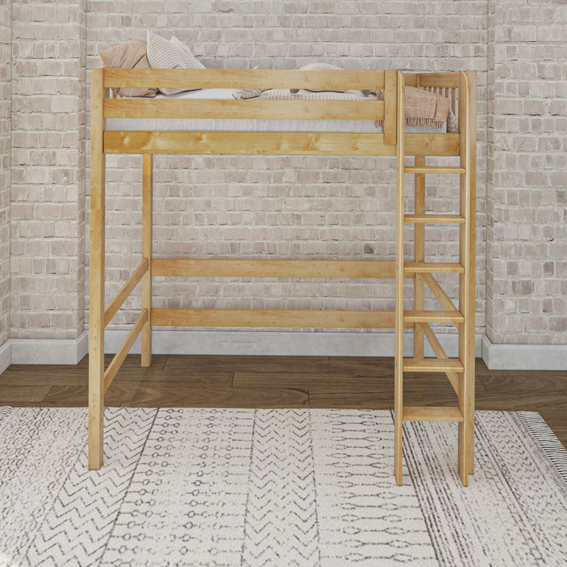 Wooden loft bed with ladder and neutral pillows and blankets set against an exposed white brick wall over hardwood floors and a patterned area rug