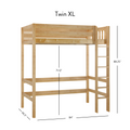 Twin XL solid maple loft bed with built-in ladder and slatted guardrails, natural wood finish, 88.25" H × 84" L × 46.5" W