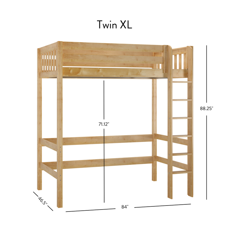 Twin XL solid maple loft bed with built-in ladder and slatted guardrails, natural wood finish, 88.25" H × 84" L × 46.5" W