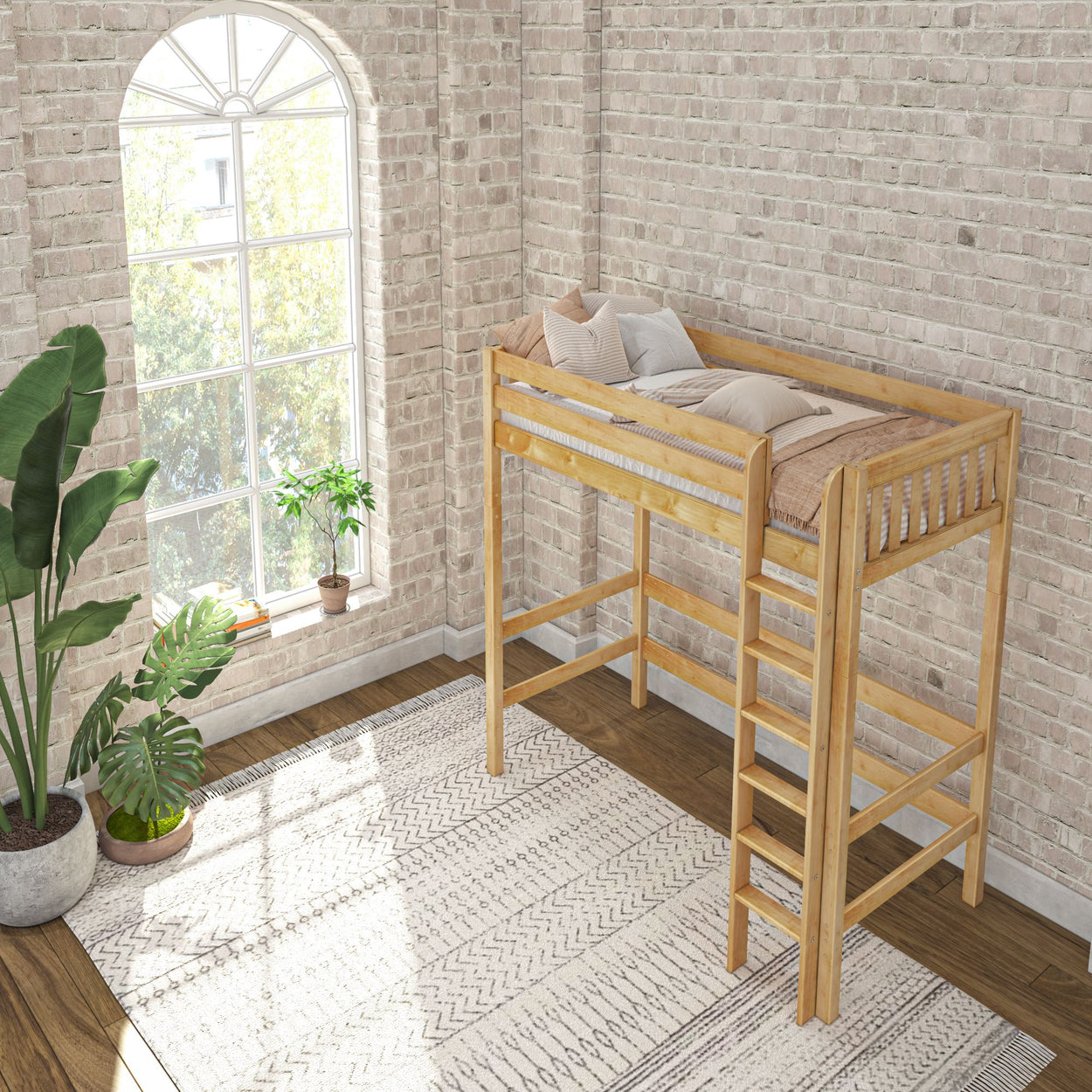 Stylish wooden loft bed in a cozy room with brick walls, large window, and indoor plants.