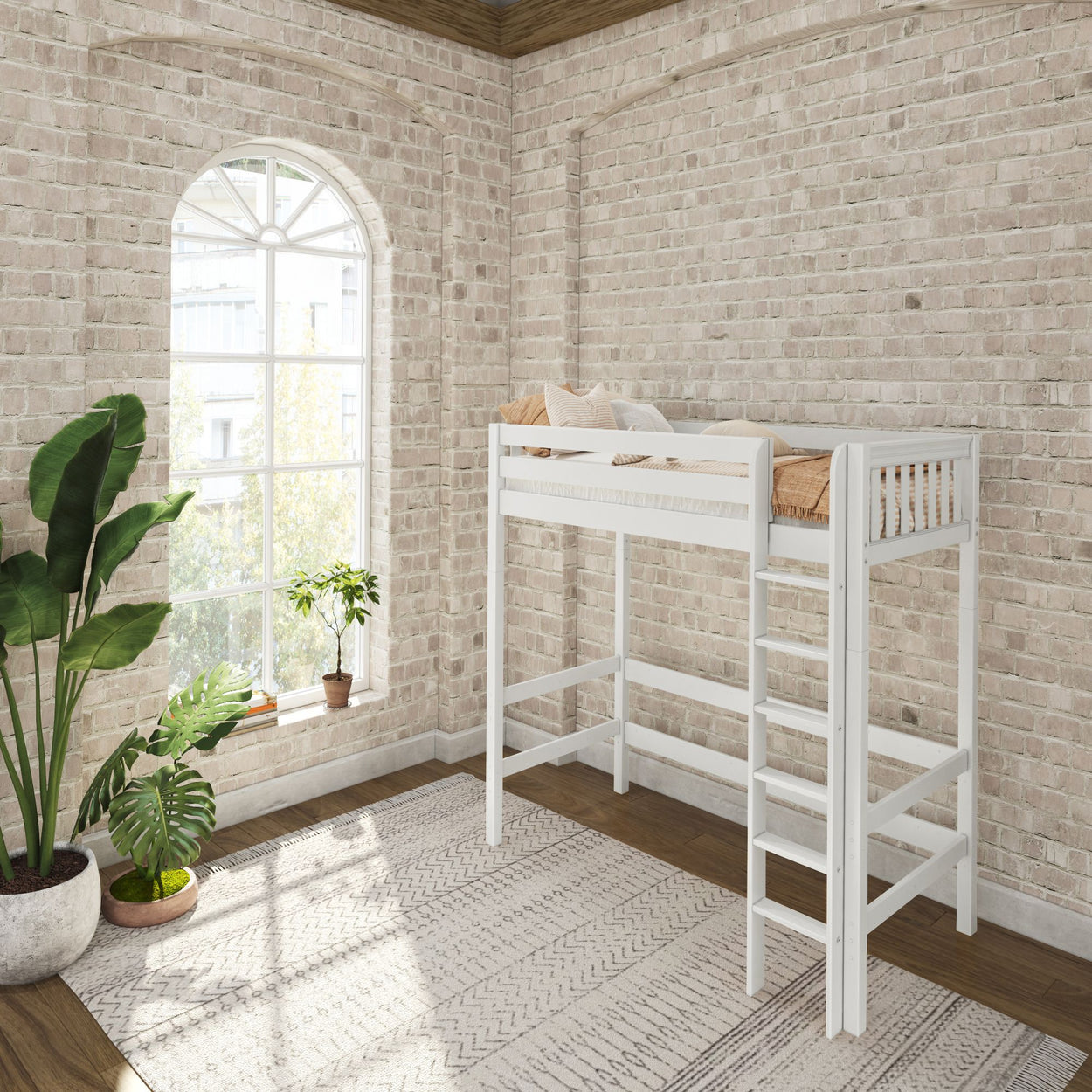 White loft bed in a modern bedroom with brick walls, large window, plants, and patterned rug.