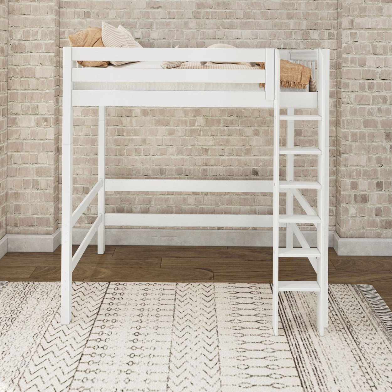 White loft bed with ladder in a modern bedroom interior with brick wall background and geometric rug.