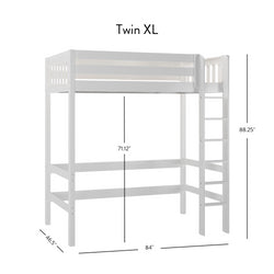 White Twin XL Loft Bed Frame with Ladder and Dimensions – 84 x 46.5 x 88.25 inches.