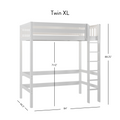 White Twin XL loft bed with ladder and guardrails, solid wood frame, dimensions 84 in L x 46.5 in D x 88.25 in H