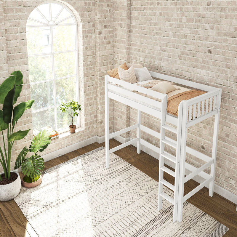 White loft bed with ladder and beige bedding against an exposed pale brick wall by a large arched window, indoor plants and patterned rug in a bright Scandinavian‑style bedroom