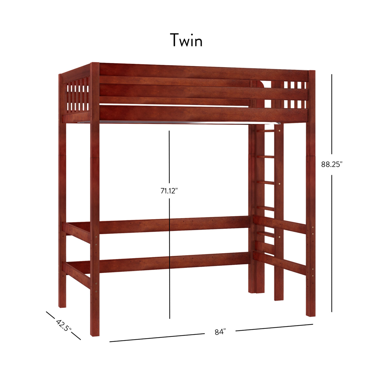 Twin size wooden loft bed with dimensions, ideal for space-saving bedroom furniture solutions.