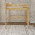 Wooden loft bed with guardrails, striped pillows and cozy blanket against an exposed brick wall, styled with patterned rug and hardwood floor — modern rustic kids' loft bed