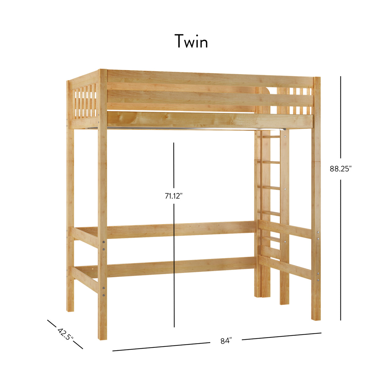 Wooden twin loft bed frame with ladder and dimensions for space-saving bedroom furniture.