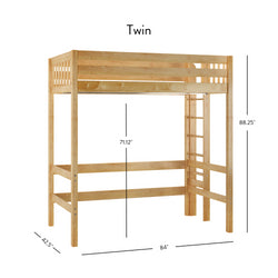 Wooden twin loft bed frame with ladder and dimensions for space-saving bedroom furniture.