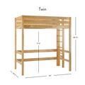 Twin loft bed frame in natural wood with ladder and guardrails, space-saving solid wood construction for a twin mattress — 84" L x 42.5" W x 88.25" H