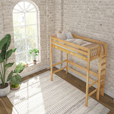 Loft bed with wooden frame in bright bedroom with brick walls and potted plants near large window.