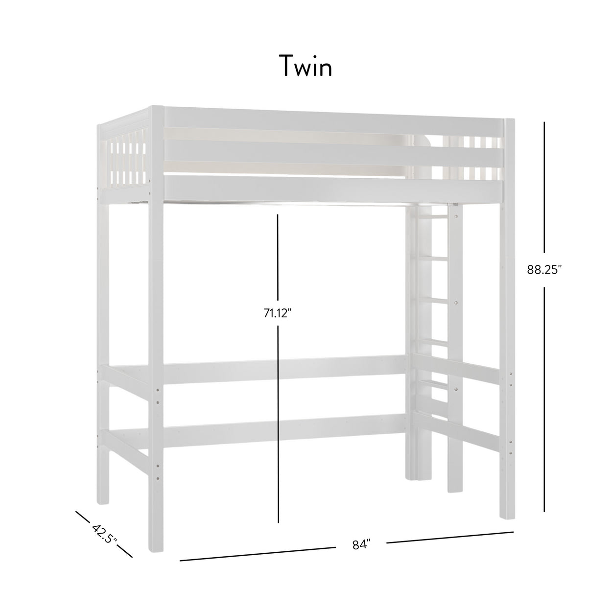 White twin loft bed with dimensions: 71.12 inches high, 42.5 inches wide, and 84 inches long.