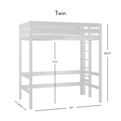 White twin loft bed with dimensions: 71.12 inches high, 42.5 inches wide, and 84 inches long.