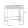 White twin loft bed with ladder and guardrails, white wooden bunk design, dimensions 84 in L × 42.5 in W × 88.25 in H with 71.12 in clearance