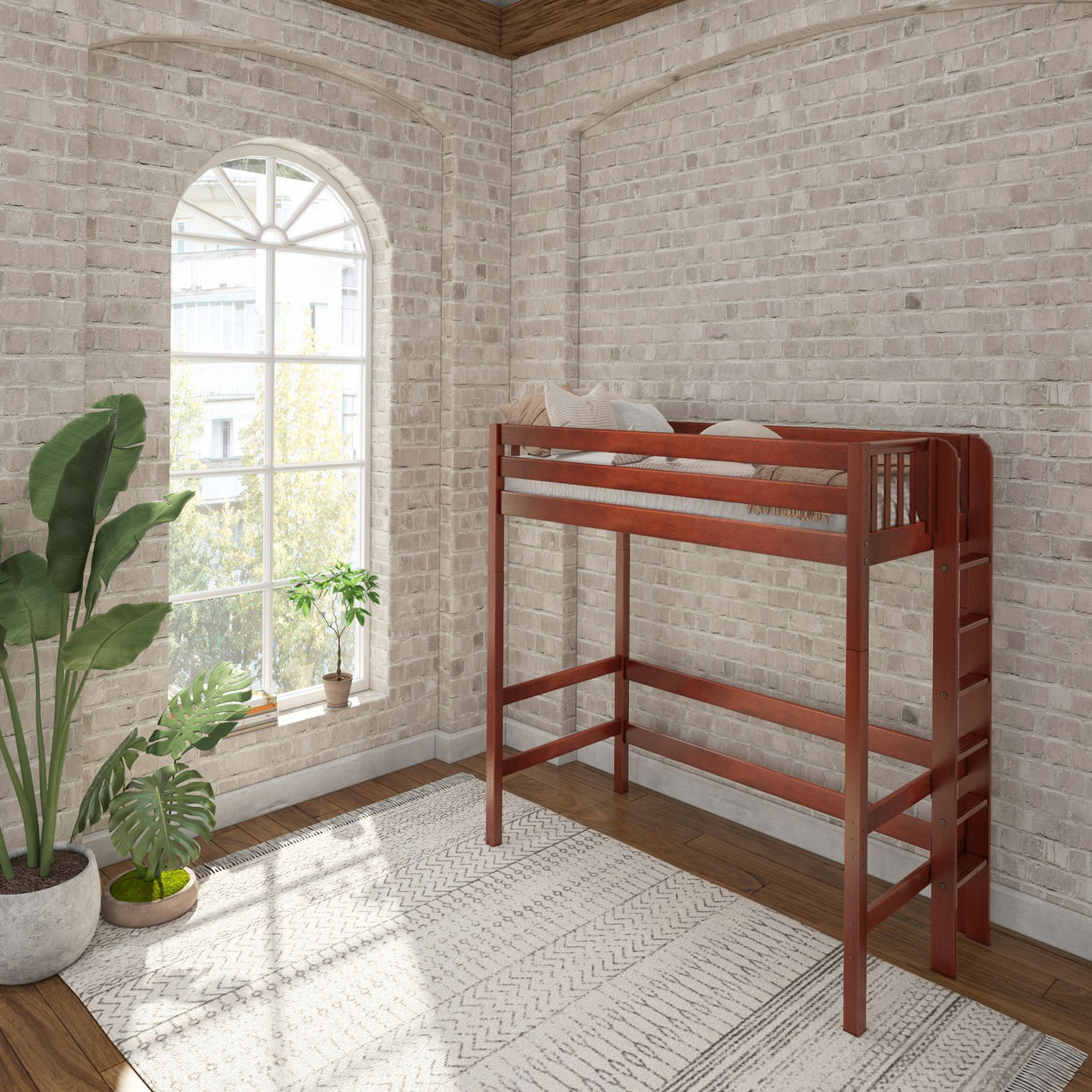 Loft bed with wooden frame in modern bedroom with brick walls and large arched window.