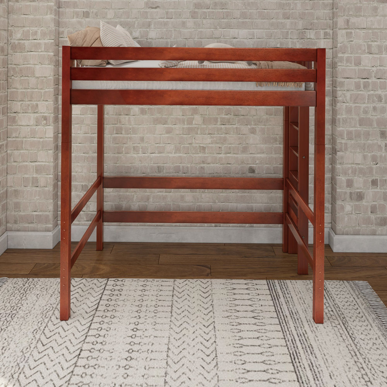 Wooden loft bed with comfortable mattress in a modern bedroom setting.