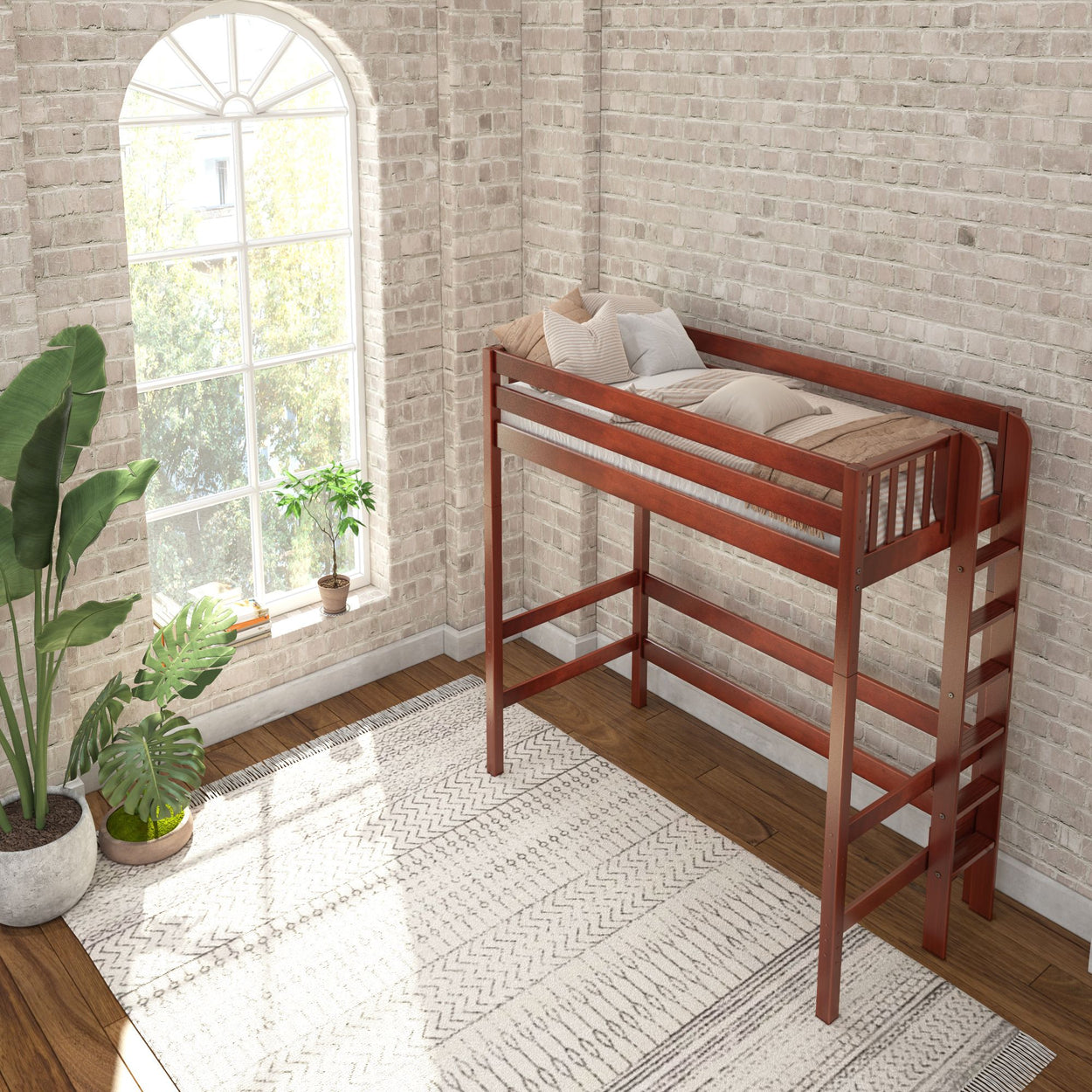 Loft bed with wooden frame in a bright room with large window, neutral decor, and potted plants.