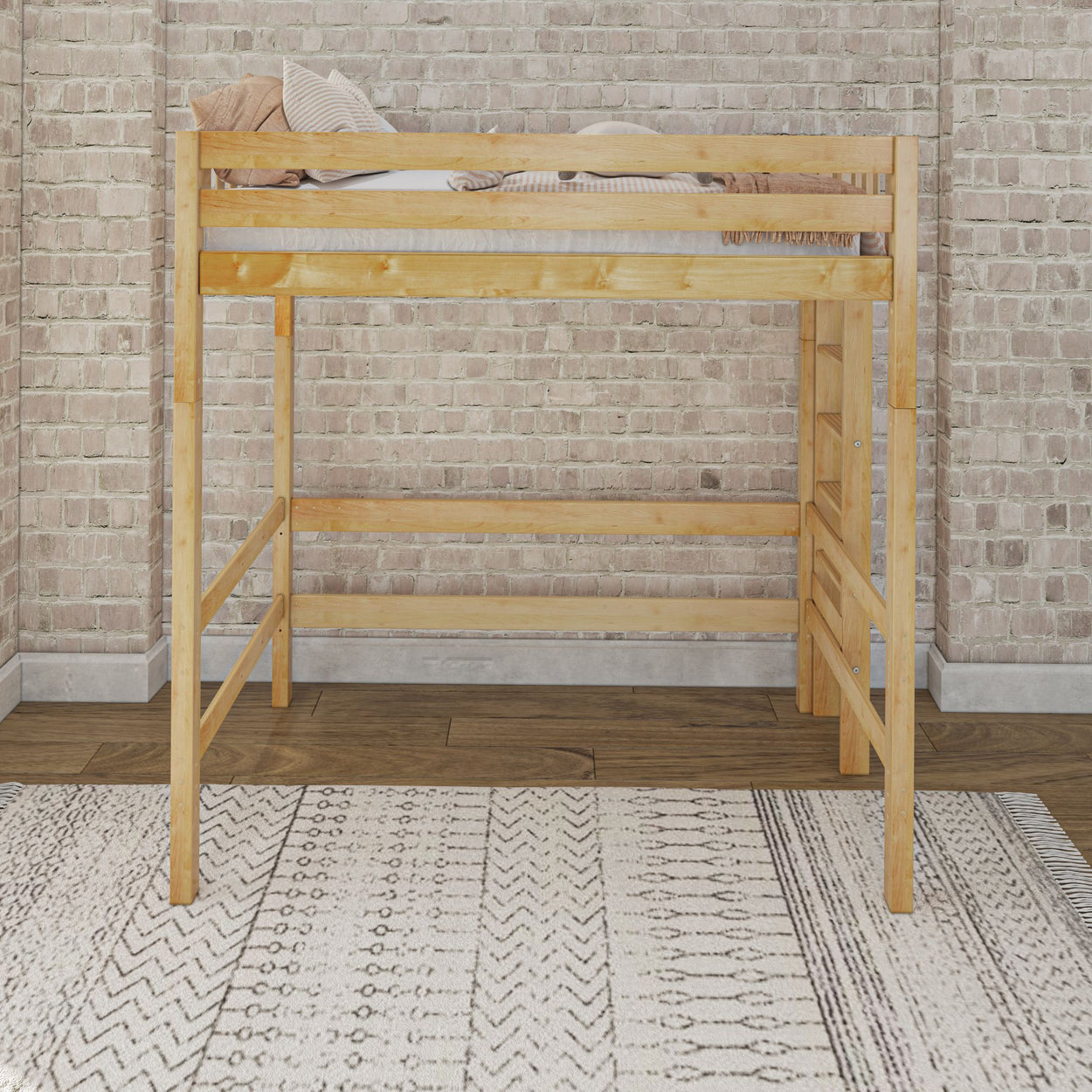 Wooden loft bed frame against brick wall in minimalist room.