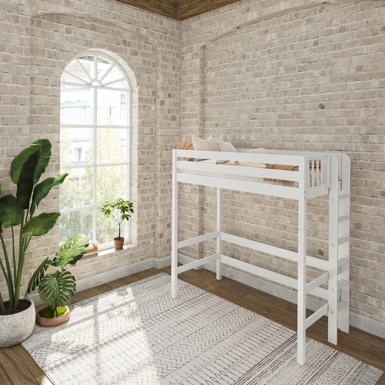White loft bed in a modern bedroom with exposed brick wall and large window.