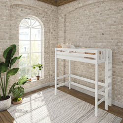 White loft bed in a modern bedroom with exposed brick wall and large window.