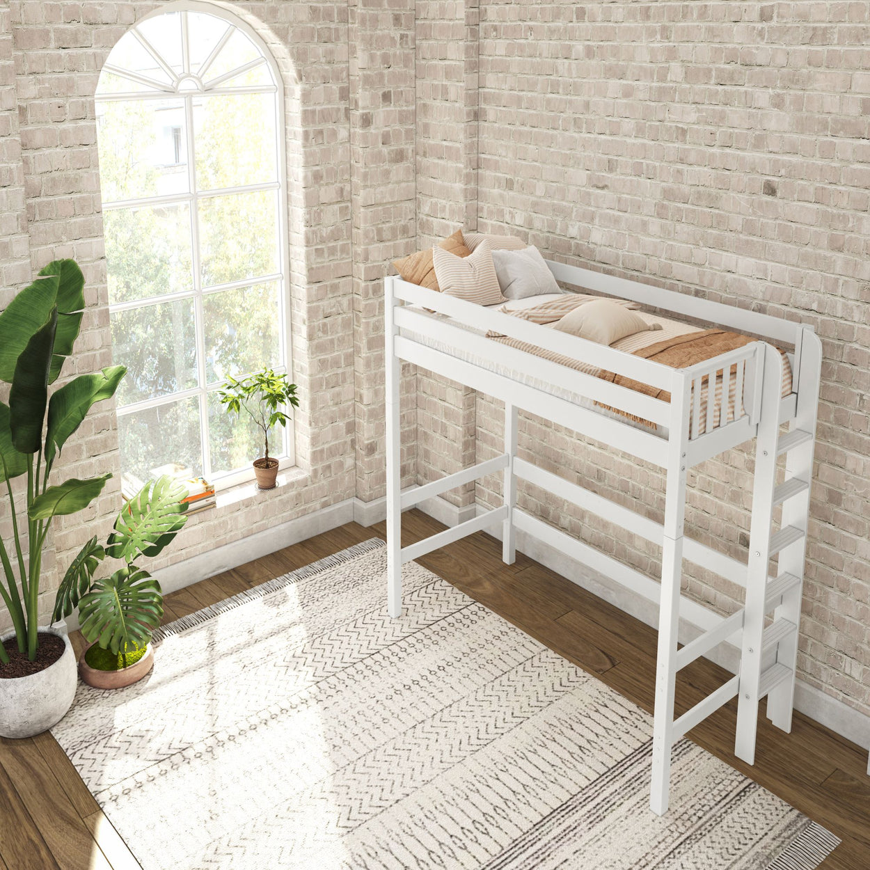 White loft bed in modern bedroom with brick walls, large window, and decorative plants.