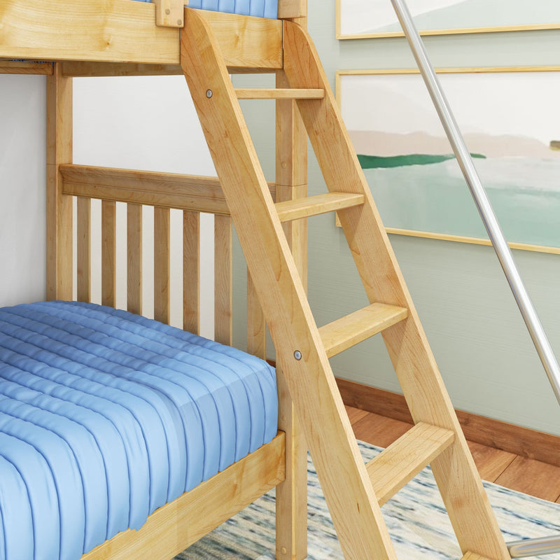 Light oak wooden bunk bed ladder with safety rails next to a blue quilted bedspread in a modern children's bedroom