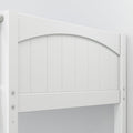 Close-up of white arched wooden garden gate with vertical planks and visible metal bolts, modern outdoor privacy fence panel
