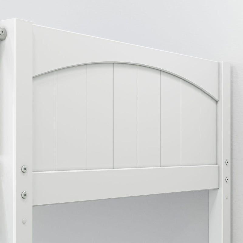 Close-up of white arched wooden garden gate with vertical planks and visible metal bolts, modern outdoor privacy fence panel