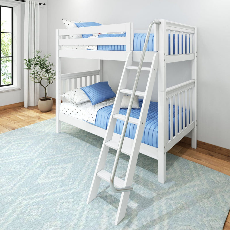 White bunk bed with ladder and blue bedding in a bright modern kids' bedroom with potted plant and window