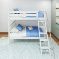 White wooden bunk bed with ladder and blue quilted bedding, star-print sheets and pillows in a modern kids' bedroom